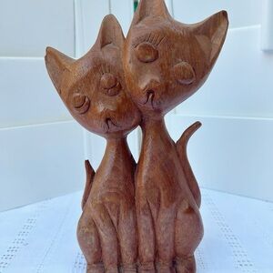 Vintage Teak Hand Carved Teak Wood Siamese Cats Cat Decor
